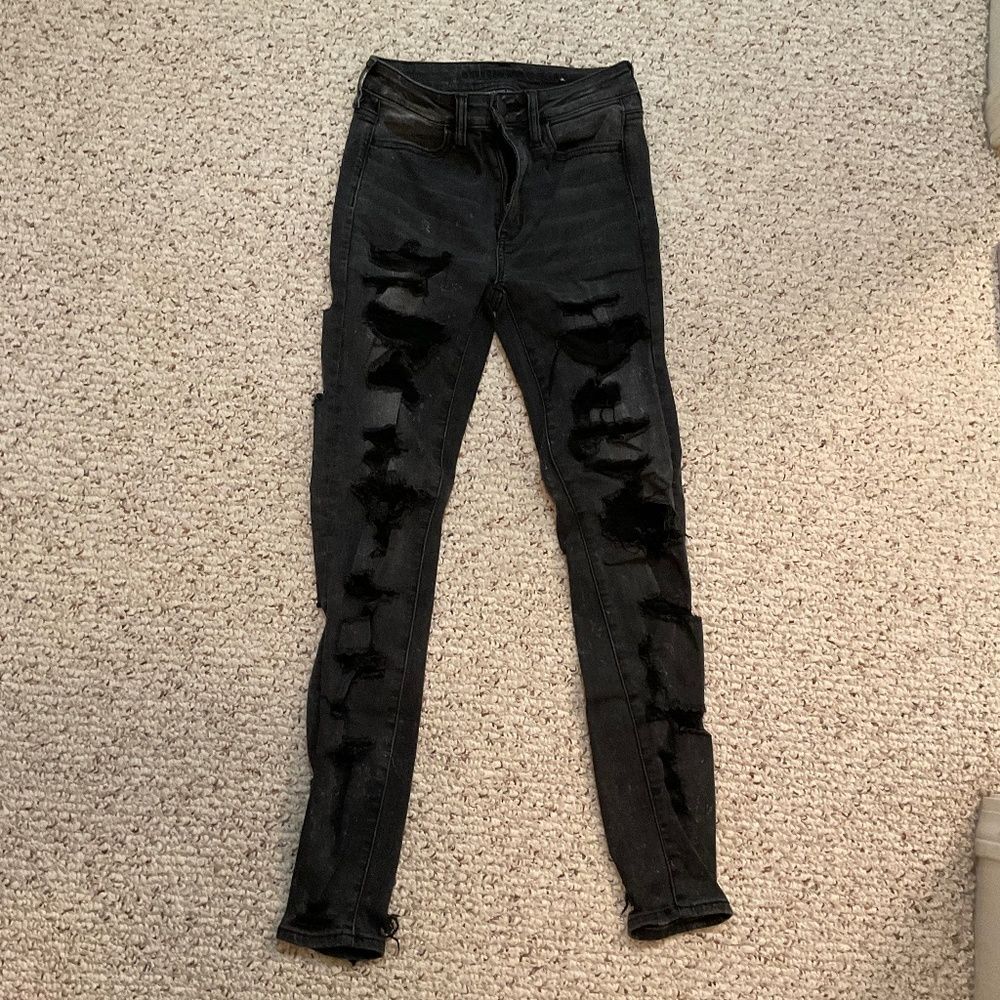 American Eagle Next Level Stretch Black Distressed Skinny Jeans Size 2 Regular